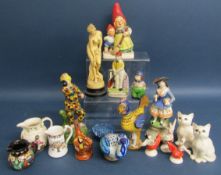 Slipware bird whistle, Staffordshire style Harlequin, lady with bell & W G Grace cricketer, Goebel
