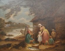 After George Morland, large gilt framed oil on canvas depicting fisherman with his family by a