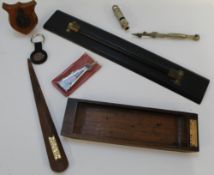 Desk items, desk tidy made from decking form the Mauretania, letter opener made from the Teak from