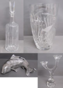 Baccarat decanter (stopper needs re-gluing, not damaged), large vase with fish design, Marc Aurel