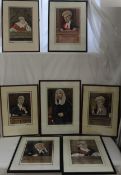 Seven colour print caricatures after Ralph Sallon, all depicting judges, previously displayed at the