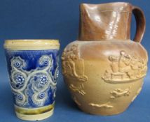2 pieces of Doulton Lambeth ware includes jug and date stamped 1873 beaker appears to be missing