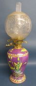 Maling Cetem ware oil lamp, Messenger's Safety Extinguisher brass burner with gallery raiser and