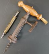 London rack & pinion corkscrew with wooden handle & brush and brass Salter Lewis gun trigger