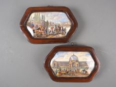 Two 19th century Pratt ware pot lids, 1861 Exhibition and cavaliers in a landscape, in wooden