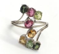 A silver and multicolour stone ring, stamped 925, size R.