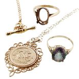 A 9ct hallmarked gold St George medallion pendant on a belcher link chain together with two