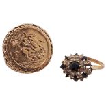 9ct hallmarked gold to include a St. George medallion ring and a sapphire and cz cluster ring. Gross