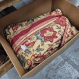 A pair of interlined curtains, red flowers with blue foliage on a beige ground, 275 x192cms, with
