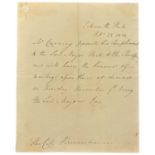 MANUSCRIPT LETTER. GEORGE CANNING. Pen and ink latter regarding [George] Canning “presents his