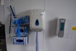 Mixed Lot: Hand towel dispenser, soap dispenser, Nitrile glove storage rack
