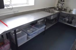 A stainless steel prepartion/wash area with right hand sink, under shelf and splash back. width