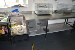 Two stainless steel preparation tables (Please note tables have been welded together), overal