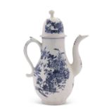 A Lowestoft porcelain coffee pot and cover with printed fence pattern design, label for the Robert