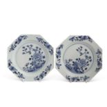 A pair of mid 18th Century Chinese porcelain plates of octagonal form with painted blue and white