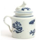 Rare Lowestoft Mustard Pot and Cover c.1780 with a printed blue and white Worcester style design