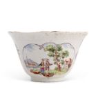 A rare Worcester porcelain bowl circa 1755 of lobed form, painted with panels of European figures