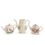 Two late 18th Century cream ware teapots and covers, one painted with a peacock, the other with