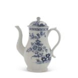 A Lowestoft porcelain coffee pot and cover, decorated with trailing flowers and rock work, circa