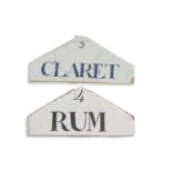 Two wine/spirit labels with Delft type glaze, late 18th/early 19th Century, one marked for rum the