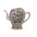 A 19th Century Cantonese porcelain Cadogan teapot decorated in Famille Rose with two panels of birds