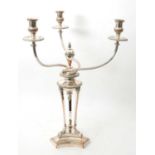 A Regency silver plated three branch candelabra in Adam style, the three branches raised on three