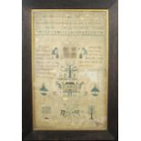An early 19th century needlework sampler, with alpha numeric stitching, with houses, trees, people