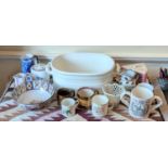 A collection of Victorian and later pottery to include a Turner's pearlware bowl, decorated in a