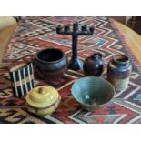 A collection of mixed ceramics, to include a green glazed studio pottery bowl, dia. 23cm, five