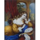 Mid 19th century school - portrait of a young Mrs Llewellyn with mandolin, miniature watercolour