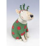 Marie Prett (contemporary) - a painted pottery figure of a seated bull terrier, signed to the