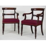 A pair of George IV mahogany barback elbow chairs, each with reeded downswept arms with stuffover