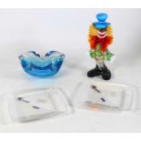 A Murano glass figure of a clown, h.21cm, together with a Murano blue glass ashtray, and a pair of