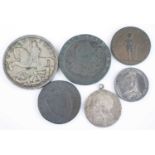 Great Britain, a collection of coins and tokens to include an 1787 shilling (mounted), 1797