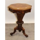 Victorian figured walnut octagonal trumpet form work table on tripod support