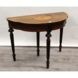 19th Century rosewood marquetry inlaid card table, the top with satinwood crossbanding on turned