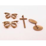 Two 9ct gold bow brooches set cultured pearls, together with a 9ct gold pendant cross and a single