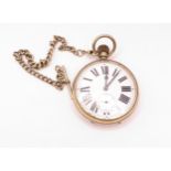Nickel plated Goliath crown wind pocket watch, the enamel dial with Roman numerals and subsidiary
