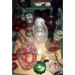 Miscellaneous glassware to include four perfume bottles, red overlay basket form vase, pair of green