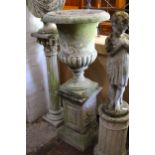 20th Century weathered cast concrete garden pedestal urn on a fluted column support