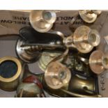 Modern five branch plated candelabra, antique brass pot, figure of a frog, jug and other