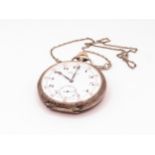 Longines open face crown wind pocket watch, with subsidiary seconds, on a plated Albert watch chain