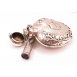 Silver cased glass heart shaped scent bottle, together with a silver cased seal