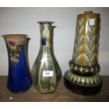 Doulton Lambeth hexagonal baluster form vase, 28.5cm high, together with a Doulton stoneware base