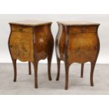 Pair of 19th Century French walnut and inlaid bombe shaped bedside cabinets, each with a moulded top