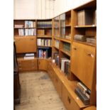 Modular G Plan side cabinet, incorporating end corner units with various shelves, cupboards and