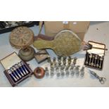 Circular brass stand, Lucas Ltd copper funnel, part metal chess set, pair of bellows, two cased