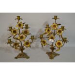 Pair of 19th / 20th Century gilt brass five light candelabra of flowering tree design, 39cm high