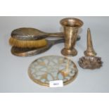 Small silver vase, silver epergne insert, silver leaf form dish and a silver coaster mount, 6oz t,