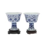 PAIR OF CHINESE TIBETAN STYLE BLUE & WHITE STEM CUPS.